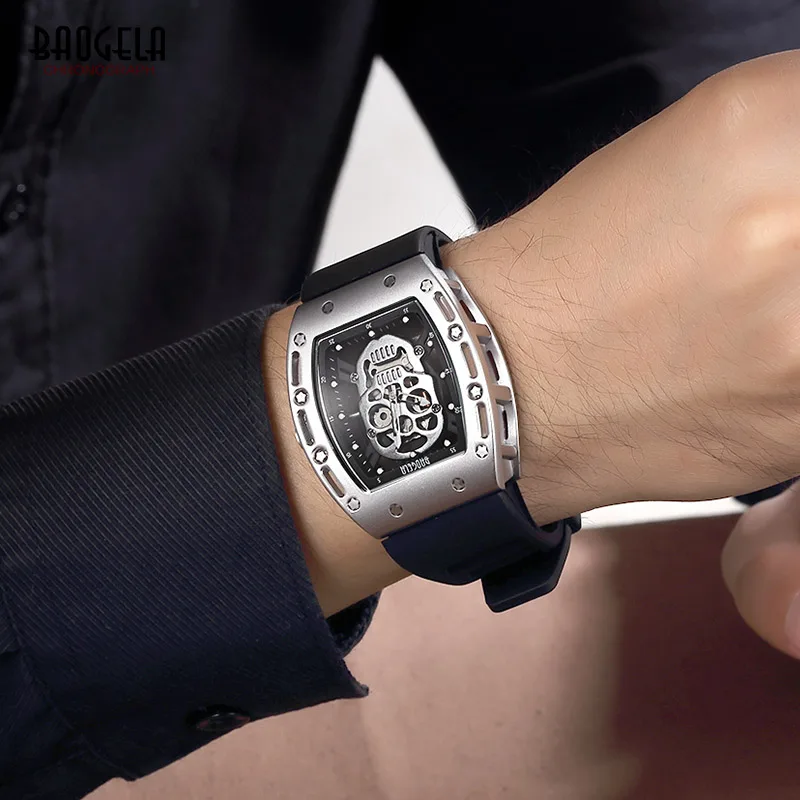 Baogela Herren Mode Militär Silikon Strap Rechteck Zifferblatt Schädel Gesicht Sport Quarz Handgelenk Uhren BGL1612G-1