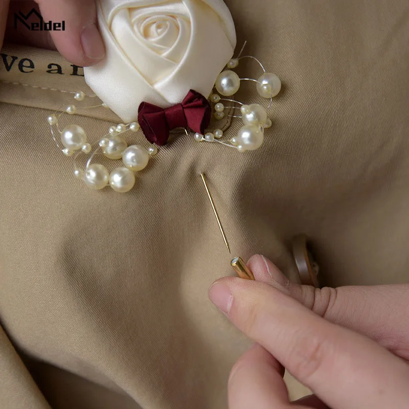 Meldel-broche de boda para hombre, ramillete de graduación, flor de ceremonia, alfileres de boda blancos, flor de cinta, botón de novio