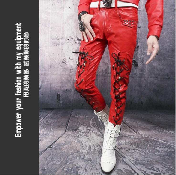 28-37 ! Plus Size New Men's Motorcycle Trousers Male Korean Slim Nightclub Stage Non-mainstream Strap Leather Pants Costumes