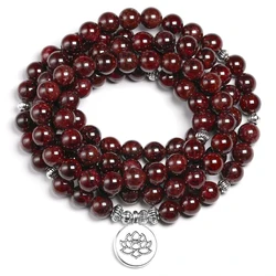 Natural A Red Garnet 108 Beads Mala Bracelet 8MM Stone Women Men Wing OM Charm Yoga Bracelets Handmade Accessories Gift