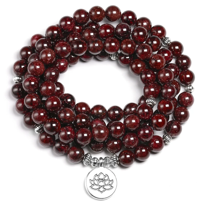 Natural A Red Garnet 108 Beads Mala Bracelet 8MM Stone Women Men Wing OM Charm Yoga Bracelets Handmade Accessories Gift