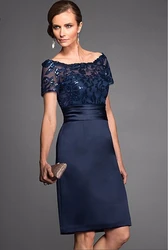 Elegant Navy Scoop Sheath Navy Mother of the Bride Dresses Satin Short Sleeves Sequin Knee Length Wedding Guest Gown Custom Made