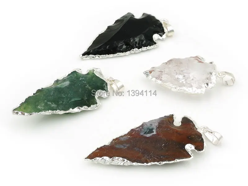 

Mixed Stones Rough Obsidian Clear Quartz Indian Agate Arrow Pendant With Side Silver-plated Approx 45*25mm