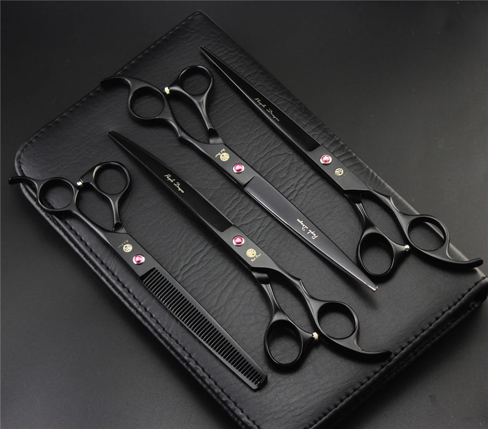 Professional Pet Dog Grooming Scissors 7.0 inch Hair Cutting + Thinning + Curved Shears 440C Straight Scissors 4 PCS Set + Case