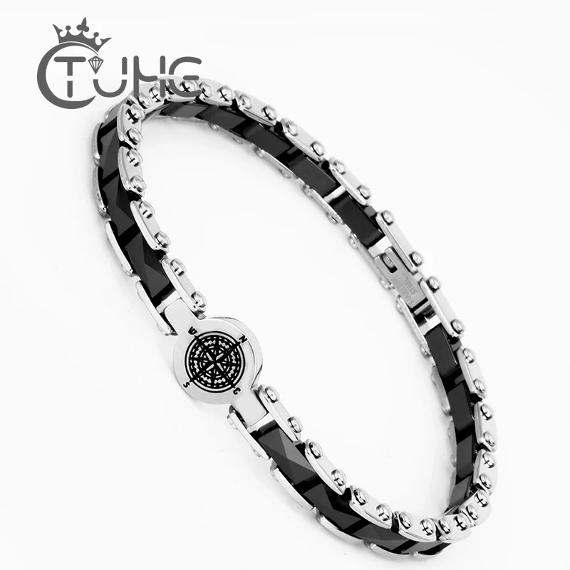 Good Quality 316 Stainless Steel Charm Bracelet Pulseras Mujer  Black White Ceramic Compass Bracelet For Women Fashion Jewelry