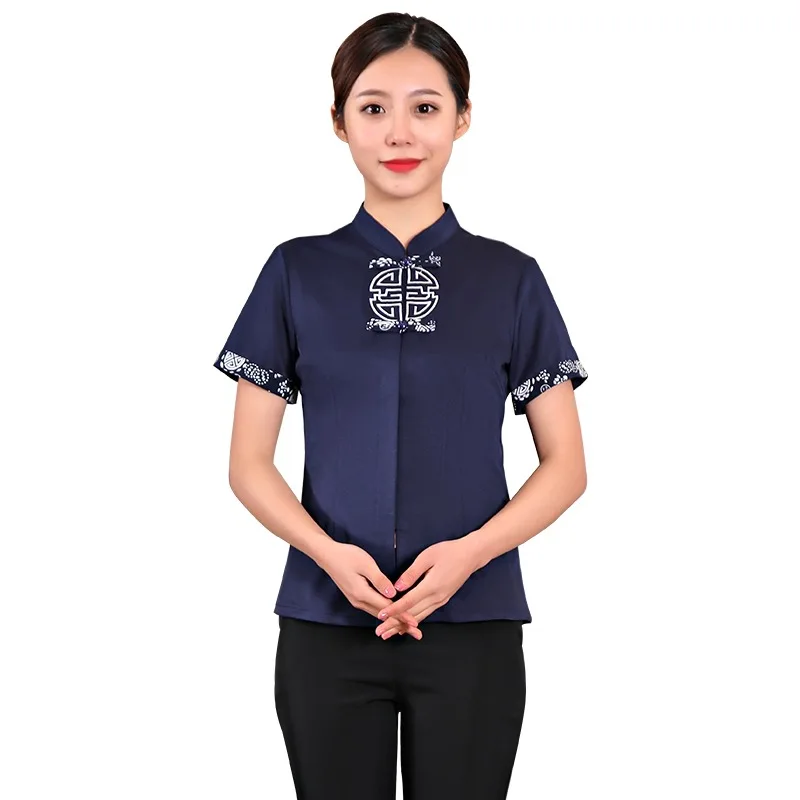 โรงแรม Workwear หญิง Waitress ร้านหม้อร้อนแขนสั้น Breathable Uniform ร้านอาหารจีน Catering เสื้อ Overalls H2199