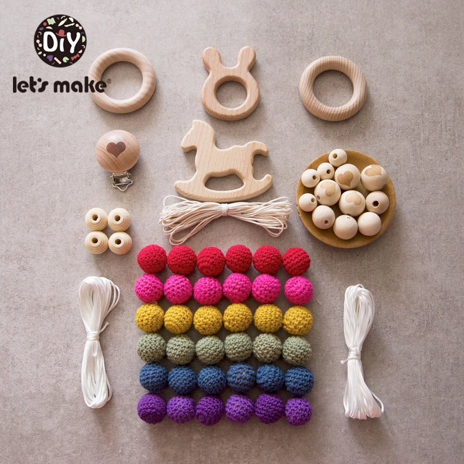 Let's Make 1set Wooden Teether Crochet Beads Animal Shape Wood Combination Package Baby Rattle Diy Accessories Baby Teether