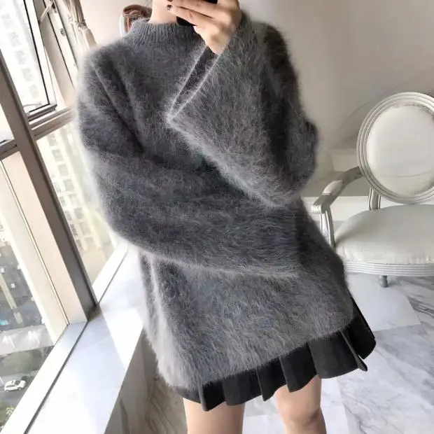 Two sided long haired mink sleeves with warm and loose thick mink wool sweaters F171212