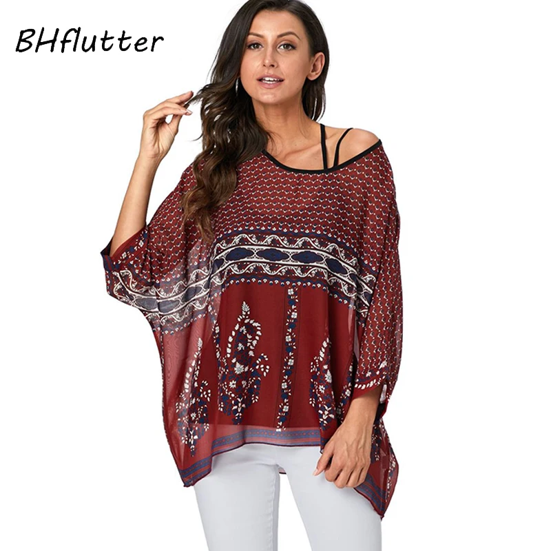 BHflutter Women Tops Off Shoulder Sexy Summer Blouses 2022 New Arrival Color Spliced Casual Loose Chiffon Shirts camisas mujer