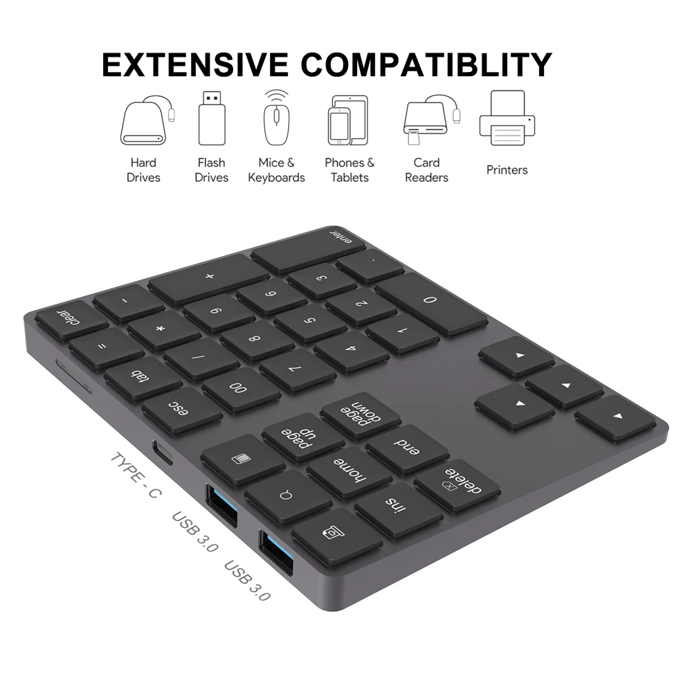 AVATTO Aluminum Alloy Bluetooth Wireless Numeric Keypad with USB HUB Digital Input Function for Windows,Mac OS,Android laptop PC