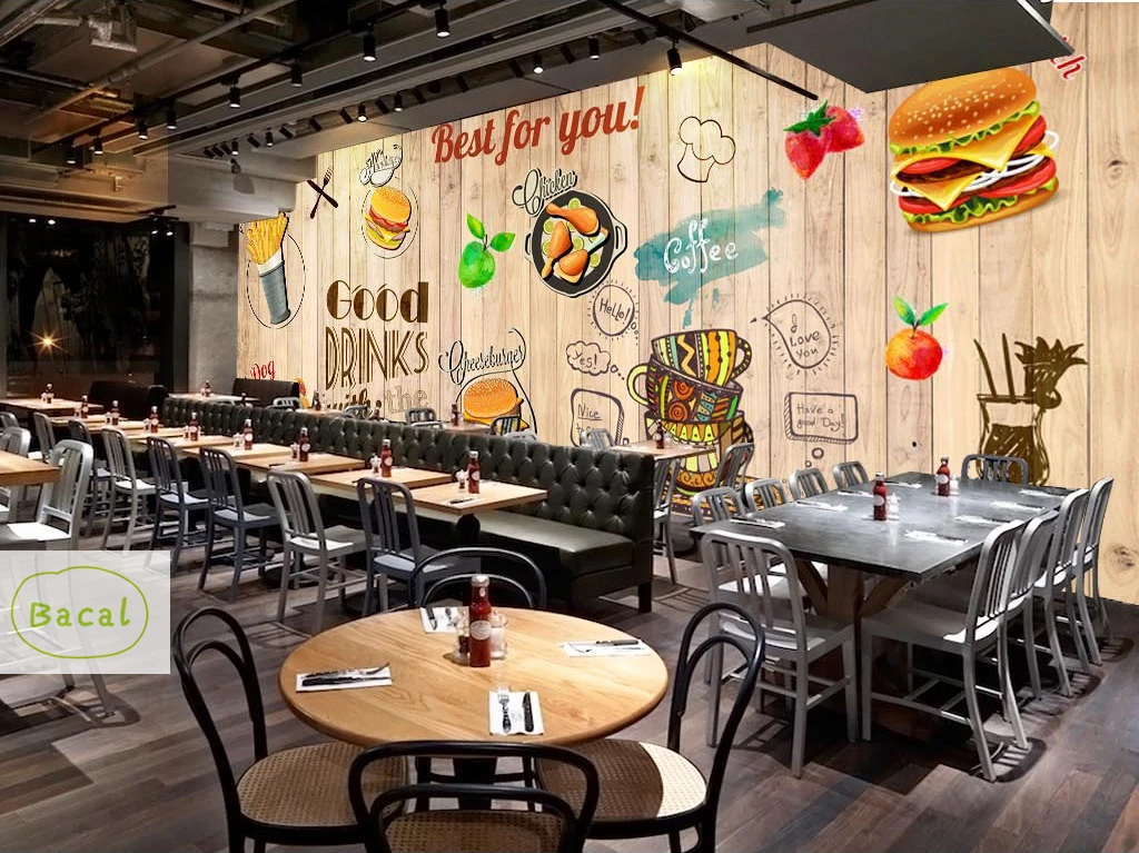 Bacal Personalized Blackboard Graffiti Food 3D Mural Wallpaper Cake Shop Cafe Hamburger Shop Restaurant Photo Wallpaper Wall