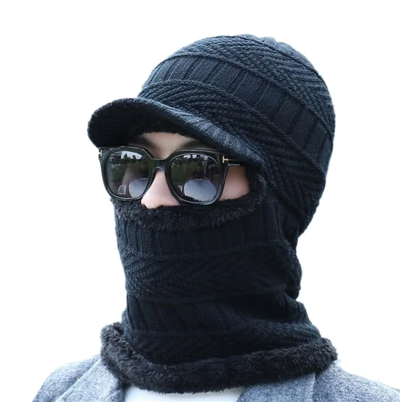 New Balaclava Winter Women Men\'s Skullies Wool Knitted Balaclava Cap Ninja Mask Thermal Plush Pocket Hat Unisex Snow Cap