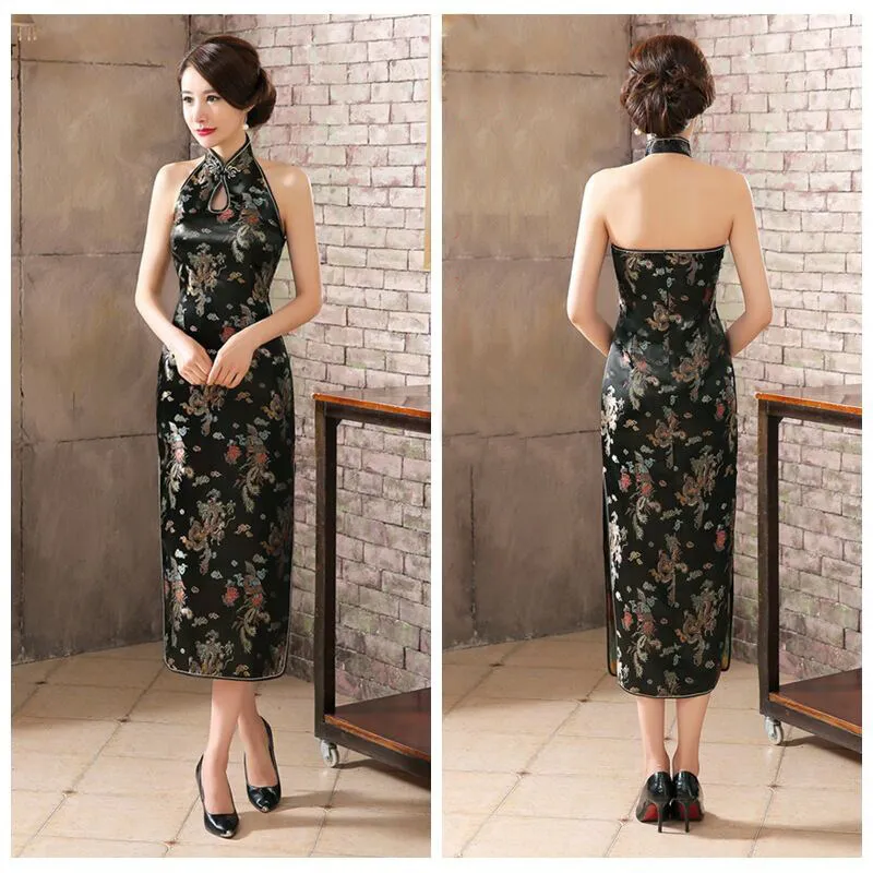 Black Long Cheongsam Traditional Chinese Style Womens Backless Costume Dress New Satin Slim Qipao Vestido Size S M L XL XXL XXXL