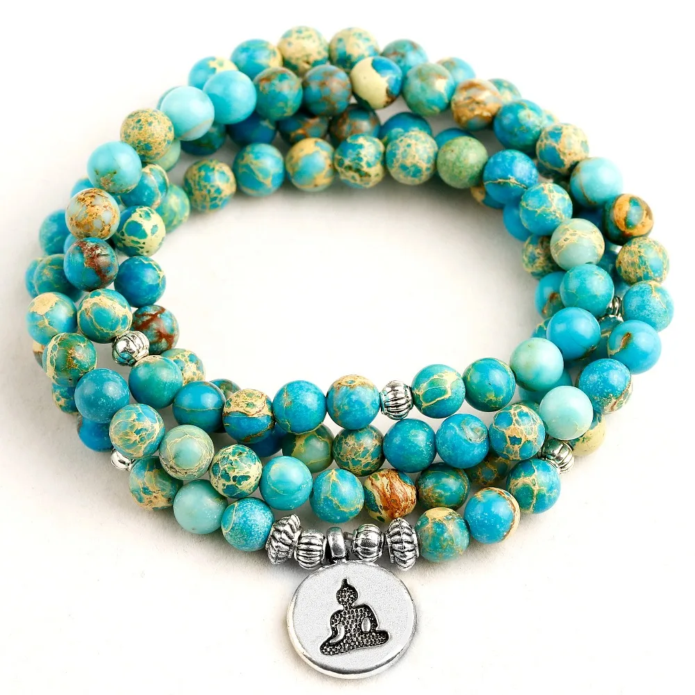 Natural Stone Beads blue Sea Sediment Bracelet Men Lotus Buddha Om Charm Necklace Elastic rope Bracelets 108 Mala Jewelry