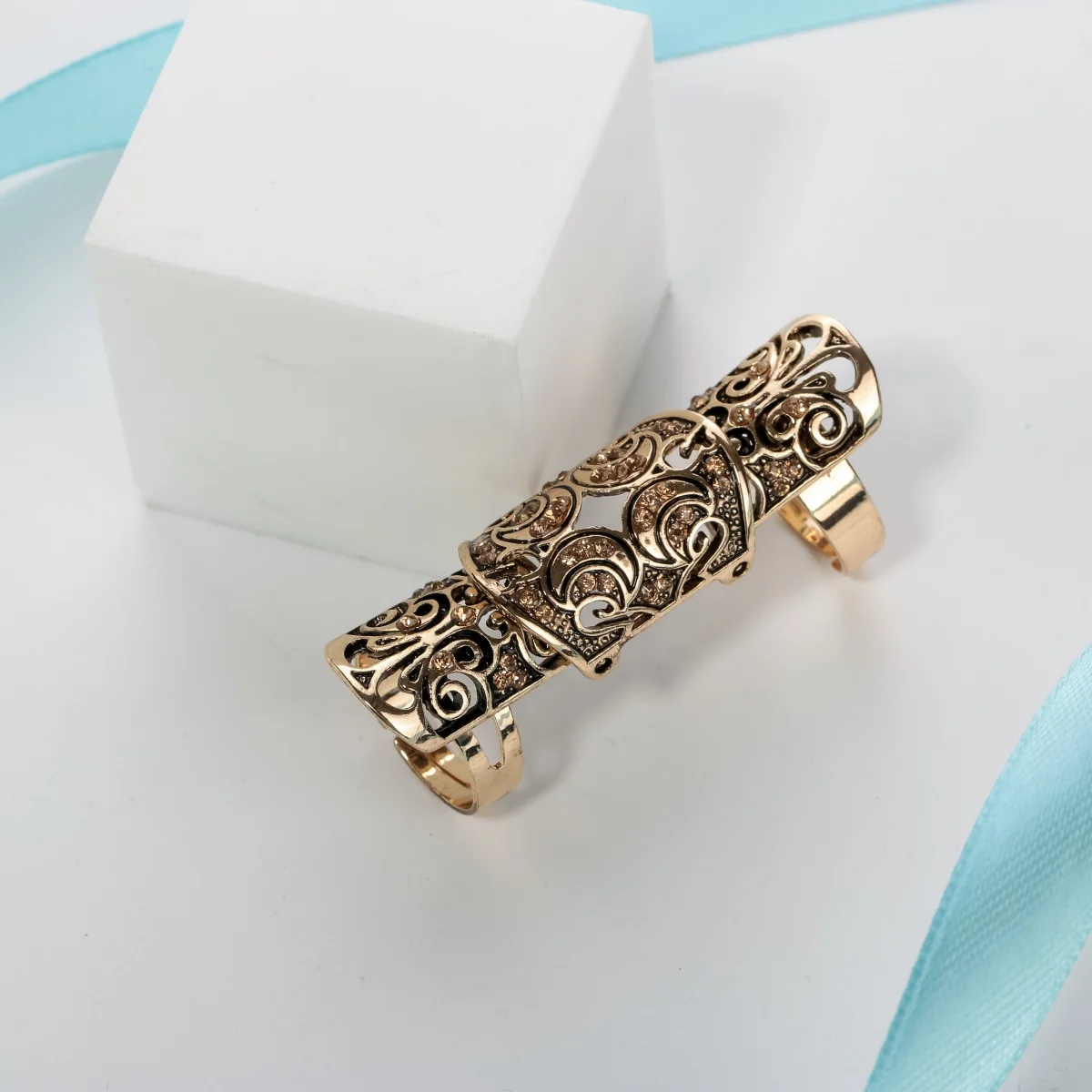 YACQ Double Full Finger Knuckle Long Armor Ring for Women Antique Gold Silver Plated Punk Rock Party Jewelry Dropshipping RM05