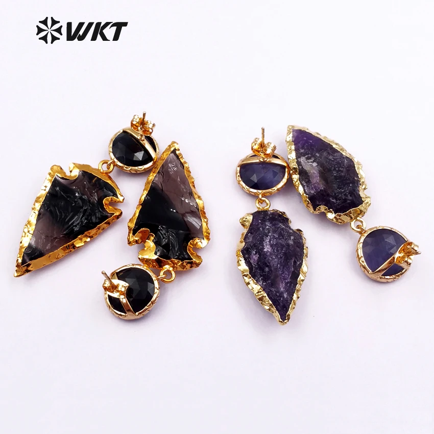 WKT WT-E424 Wholesale Fashion beautiful White Crystal black Key Stone Earrings Purple Crystal Long Drop Earrings for Women