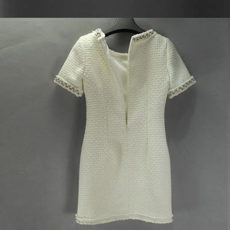 white tweed dress spring / autumn / winter advanced custom small fragrant wind short-sleeved dress bottoming ladies woolen dress