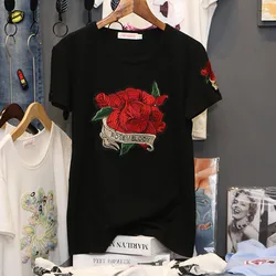 Rose embroidery T-shirt women 2022 summer New Short sleeve Pullovers black cotton round neck casual loose clothes Female tops