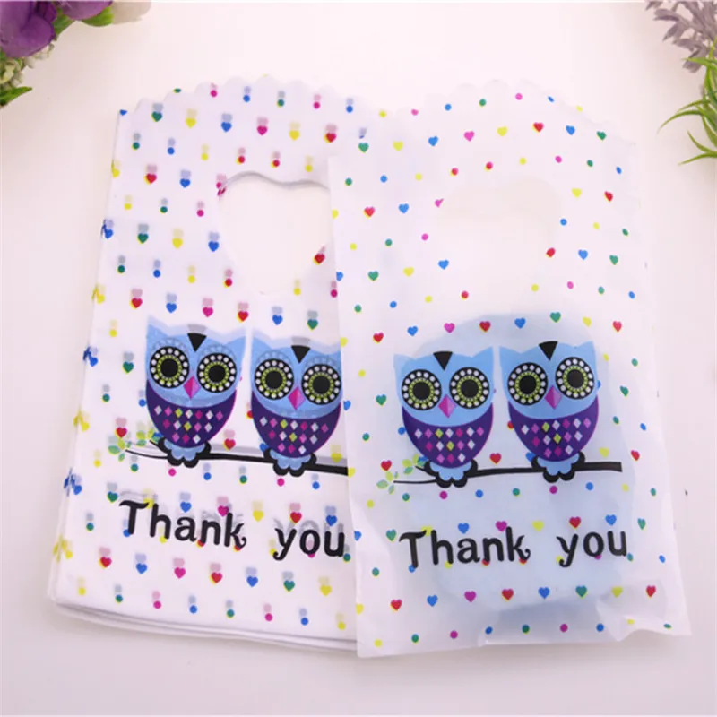 Fashion 50pcs/lot 9*15cm Small Plastic Jewelry Accessories Packaging Bags With Owl Thank You Mini Gift Bags