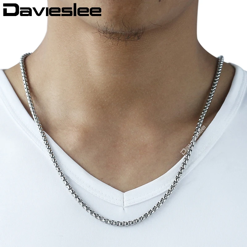 Davieslee Scatola di Colore Argento di Collegamento Della Collana Della Catena Per Gli Uomini Gioielli In Acciaio Inossidabile degli uomini Neckalce Dropshipping del Regalo 3/4mm DKN479