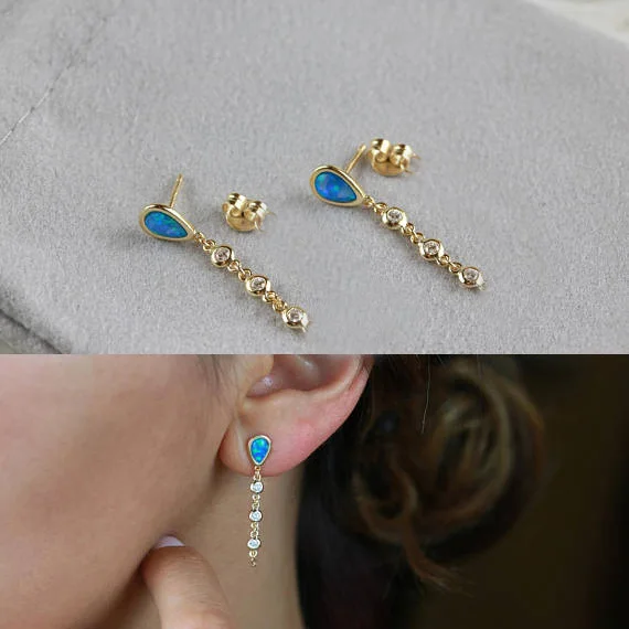 Fashion Elegant Simulated blue opal Long Drop Earrings for Women Girl Wedding Pear tassel Statement Dangle Earring Jewelry