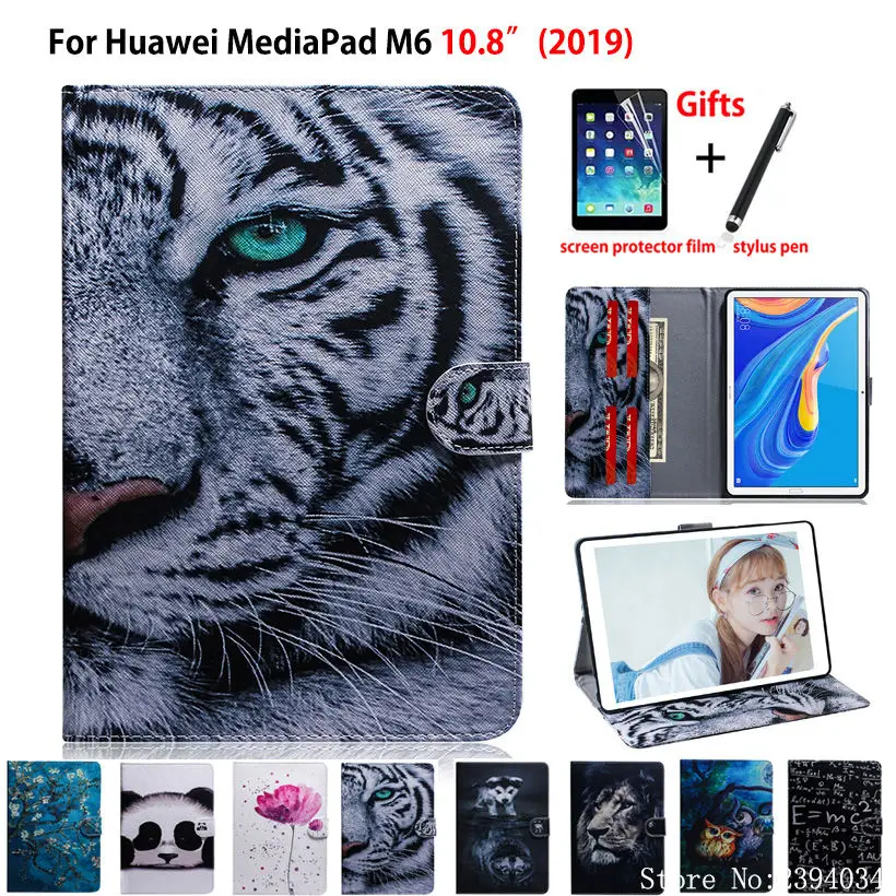 

Tiger pattern Case for Huawei Mediapad M6 10.8 PRO SCM-W09 SCM-AL09 2019 Cover Funda Tablet PU Leather Stand Shell Capa +Gift