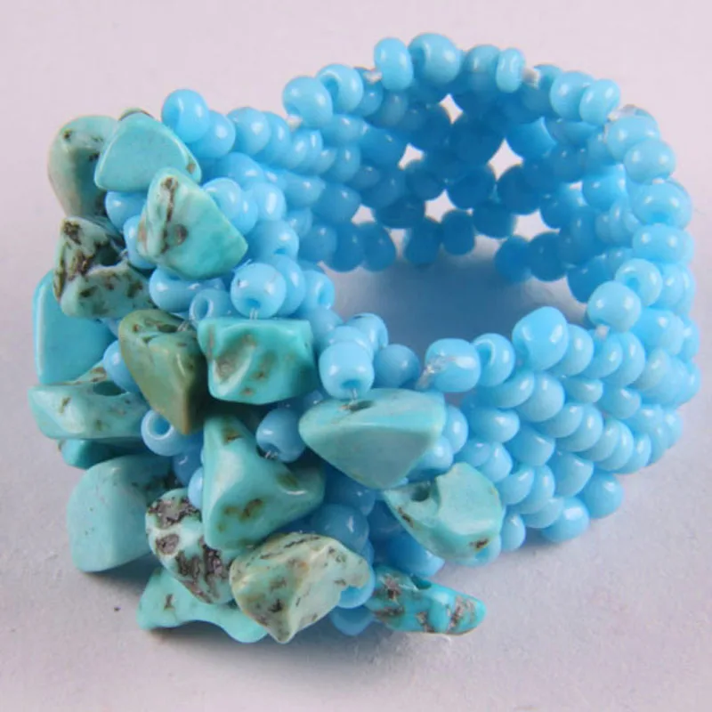 Elastic Turquoise Bead Finger Ring Stretch Size 8-9 Jewelry For Woman Gift X010