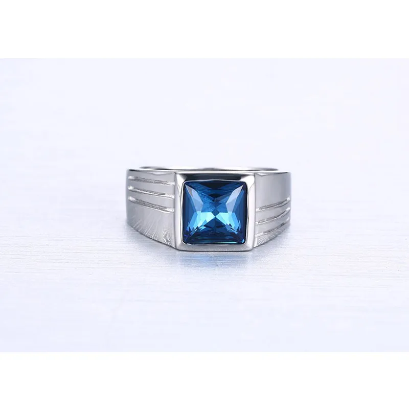 Vnox Blue CZ Zircon Engagement Band Ring for Men Silver Color Stainless Steel High Quality