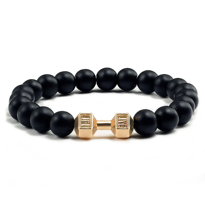 New Dumbbells Bracelets Bead Fashion Natural Fit Life Black Stone Beaded Bracelet For Men\'s Energy GYM Barbell Jewelry Gifts