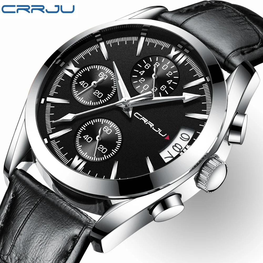 

CRRJU Men Watches Luxury Brand Multi Function Mens Sport Quartz Watch Man Waterproof leather Business Clock Male Wrist Watch