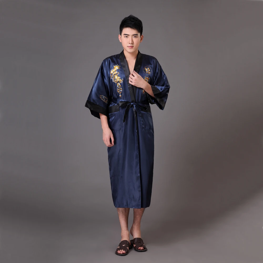 Chinese Men's Reversible Kimono Bath Robe Silk Satin Robe Gown Two Side Embroidery Dragon Sleepwear S M L XL XXL XXXL MR015