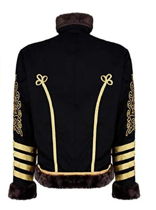 Men's Black Gold Hussar Steampunk Parade Jacket men's Hussar jacket with Faux Fur