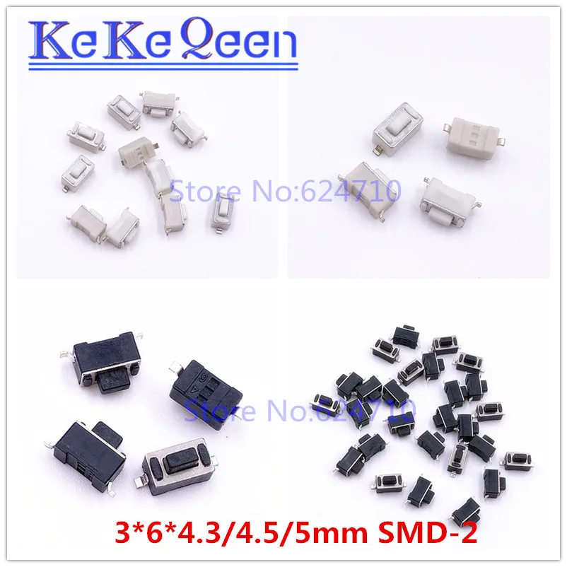 100Pcs SMD 2PIN 3*6*4.3mm 3*6*4.5mm 3*6*5mm Tact Switch 3x6x4.3/4.5/5mm connectors Push button  Tactile Switch SMD-2 white black