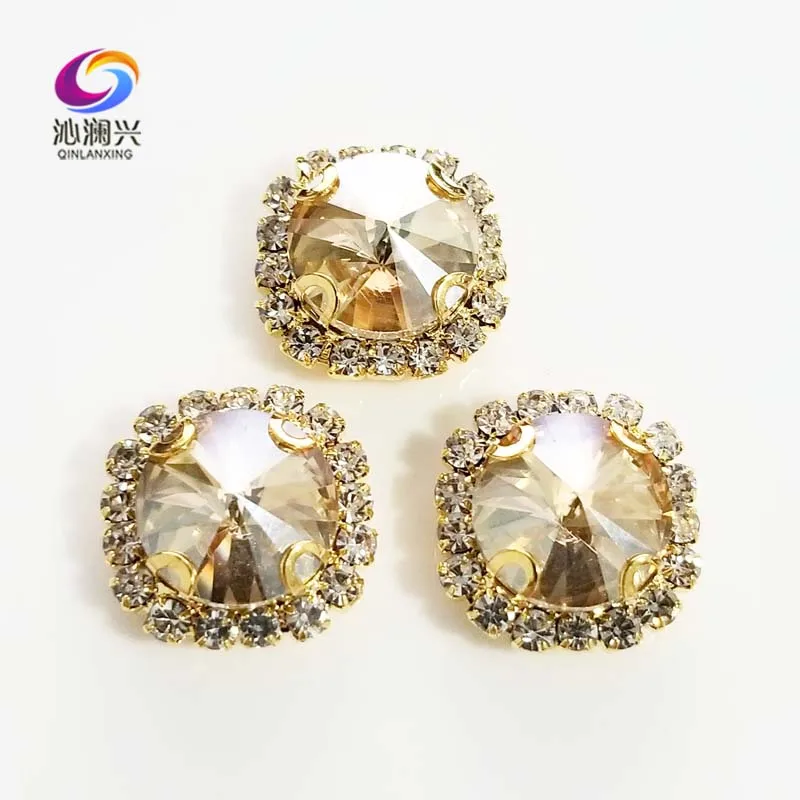 

Champion Round shape top glass crystal rhinestones with hole,golden bottom sew on stone for Diy Clothing accessories