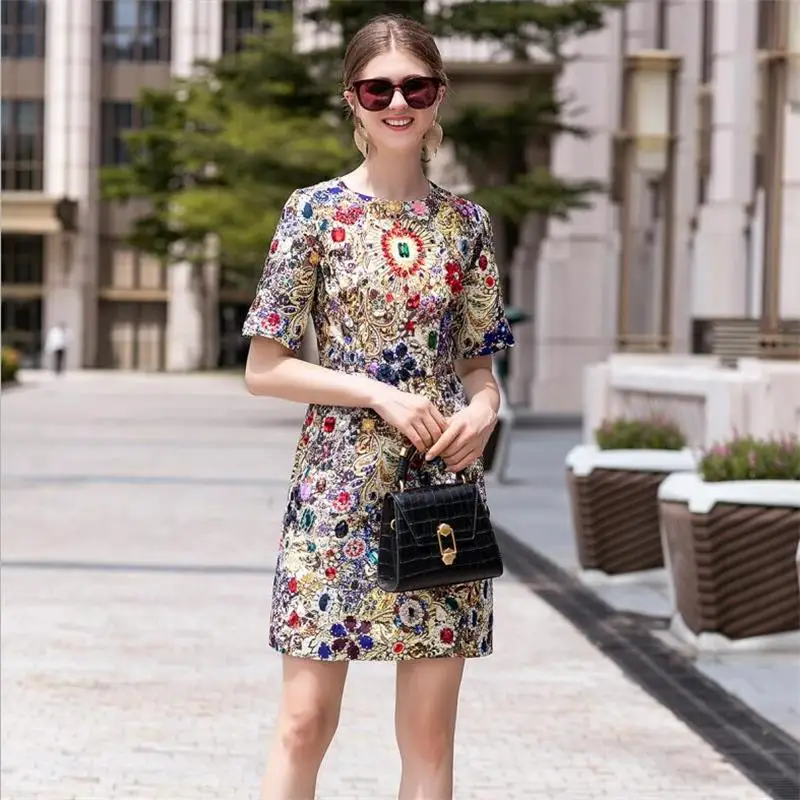 Women Runway Dress 2023 High Quality O-Neck Short Sleeve Printed Beading Casual Mini Dress NP0698N