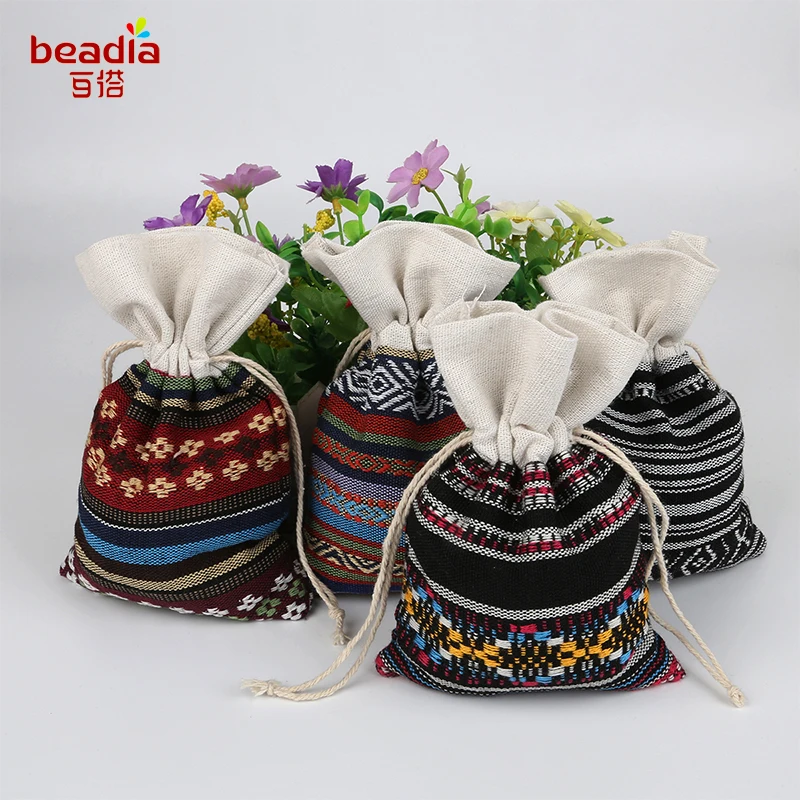 

5pcs 11x16cm Ethnic Style Pattern Cotton Drawstring Rope Storage Bags Jewelry Candy Snack Gift Storage Pouch Retro Packaging Bag