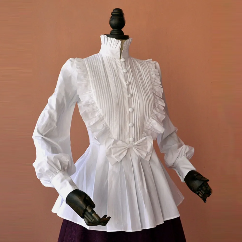 Spring Women White Tops Vintage Victorian Ruffled Pleated Shirts Lantern Sleeve Female Gothic High Collar Blouse Lolita Costumes