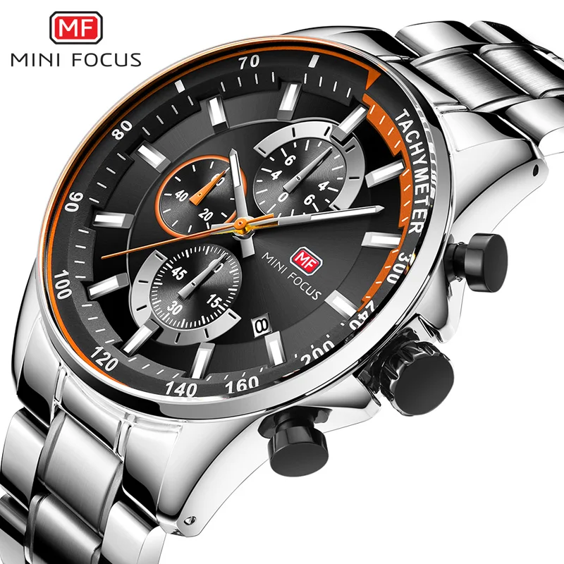 MINI FOCUS Men\'s Business Dress Watches Stainless Steel Luxury Waterproof Chronograph Quartz Wrist Watch Man Silver 0218G.03