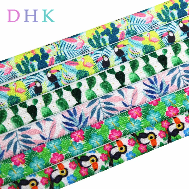 DHK 5/8'' 5yards tropical cactus bird  printed Fold Elastic FOE stretch ribbon hairbow headwear headband DIY Wholesale C1539