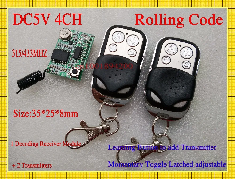 

DC 5V 4CH Rolling Code Remote Control Receiver Module + 2Transmitters RF Wireless Decoding Receiver Module Learning 315/433 TTL