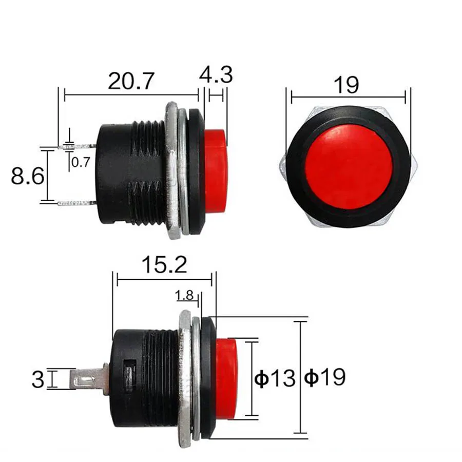 10pcs R13-507 reset switch push button switch 2 pins round switch non self locking switch 3A 250V AC/ 6A25V AC