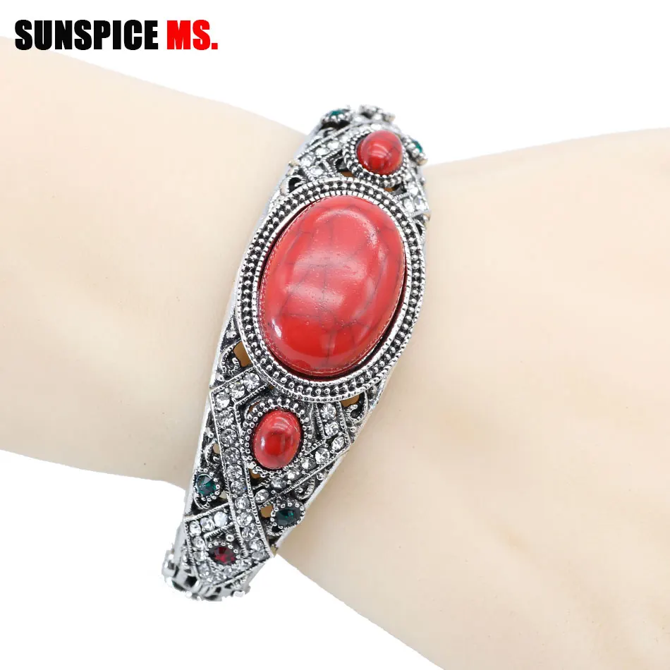 Sunspice Ms Vintage Bohemen Natuursteen Bangle Armband Voor Vrouwen Antiek Zilver Kleur Traditionele Gift Kaukasisch Manchet Sieraden