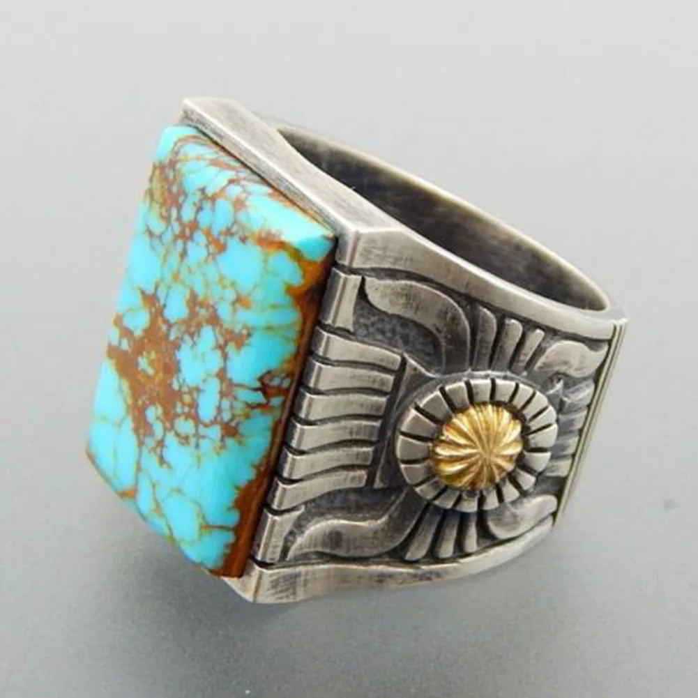 Nepal Retro Simulated Turquoise Inlaid Ring Tibetan Silver Women Open Rings Banquet Jewelry Gift