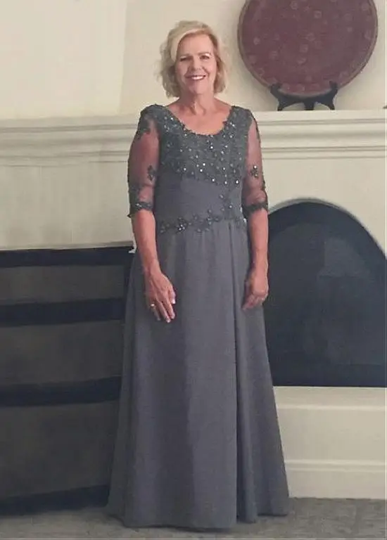 JaneVini Elegant Dark Gray Dinner Long Gown Mother of the Bride Dress With Sleeve Beaded Lace Appliques Chiffon Red Carpet Dress