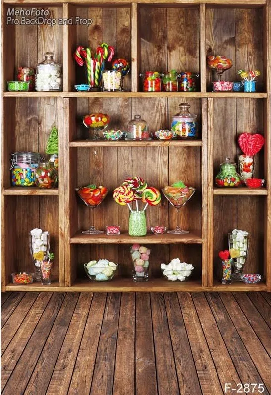 Colored Candy Theme Shop Buffet Bar Wood Background polyester or Vinyl cloth High quality Computer print party backdrop