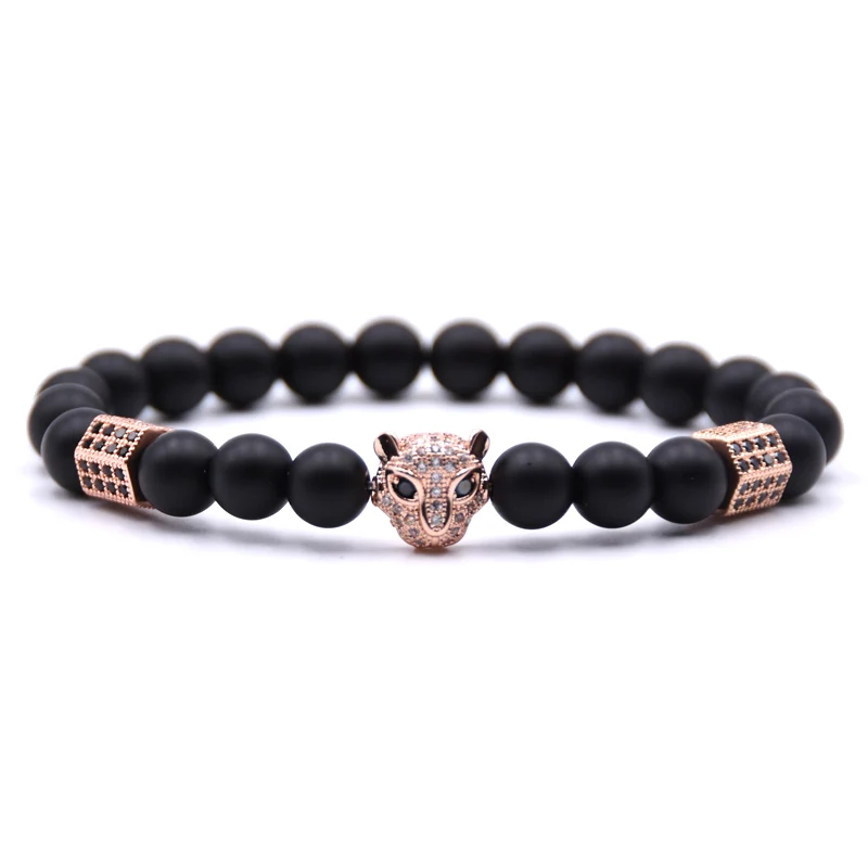 Micro pavimenta CZ rame testa di leopardo braccialetti con ciondoli e braccialetti bracciale in pietra nera naturale smerigliata pulseras