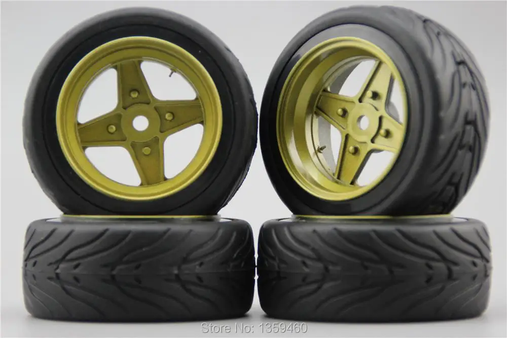 4pcs RC 1/10 Soft Rubber On Road Car Tire Tyre Wheel Rim Classic3G 6mm Offset(Painting Gold) 11110+Rubber Tire