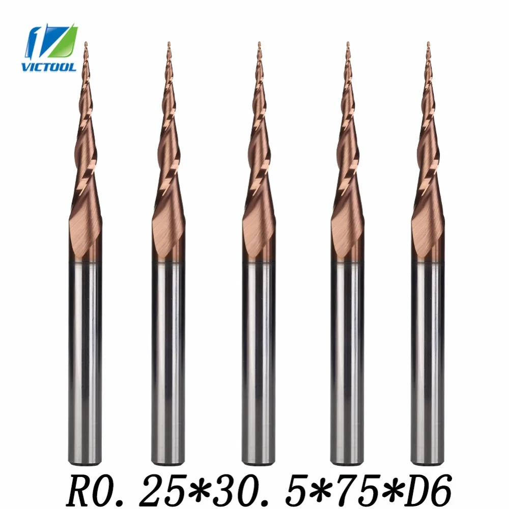 5pcs/Lot H-SI Coated R0.25*D6*30.5*75L*2F Solid Carbide 6mm Ball Nose Tapered End Mills Router Bits Taper Wood Metal Mill Cutter