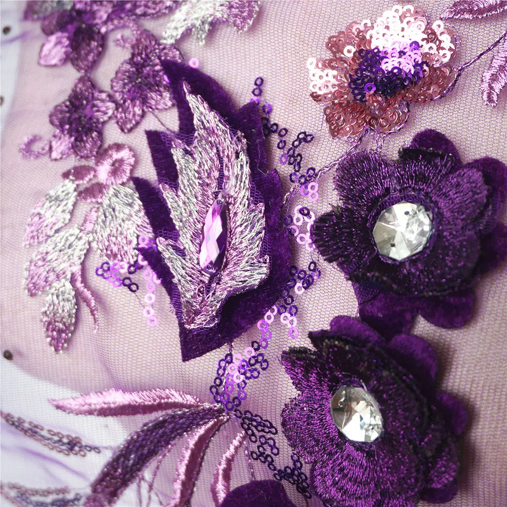 40 CENTIMETRI Viola Paillettes 3D Fiori Nappa Lace Trim Maglia di Strass Cucire Su Toppe e Stemmi Ricamo Per La Cerimonia Nuziale Decorazione