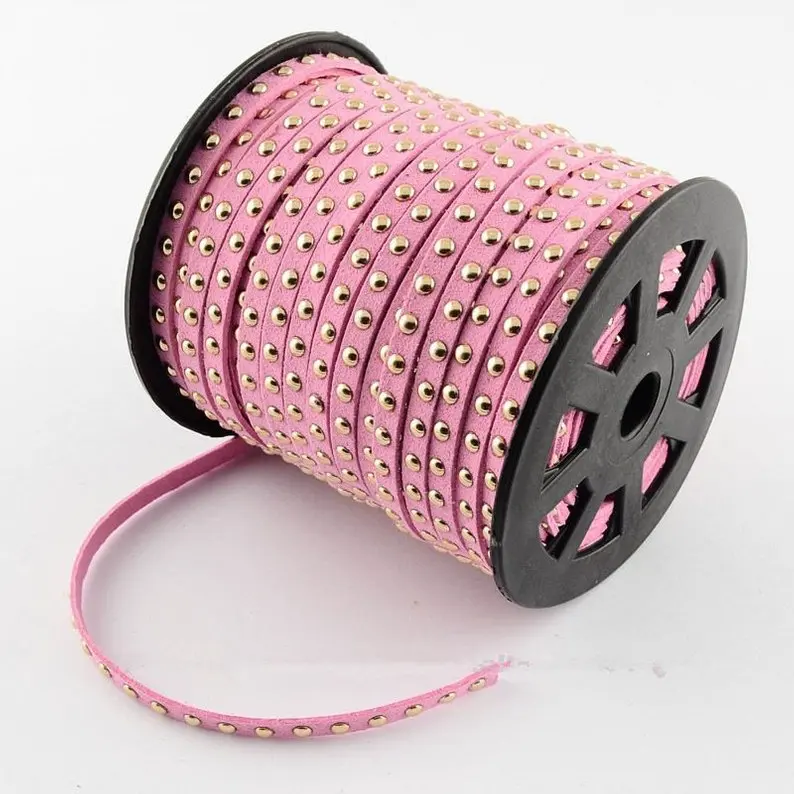 20Yds Pink Suede Cord,Microfiber Faux Cord,Gold Studded Suede Cord,Gold Riveted Cord,5mmx2mm,Bracelet Necklace Jewelry Making